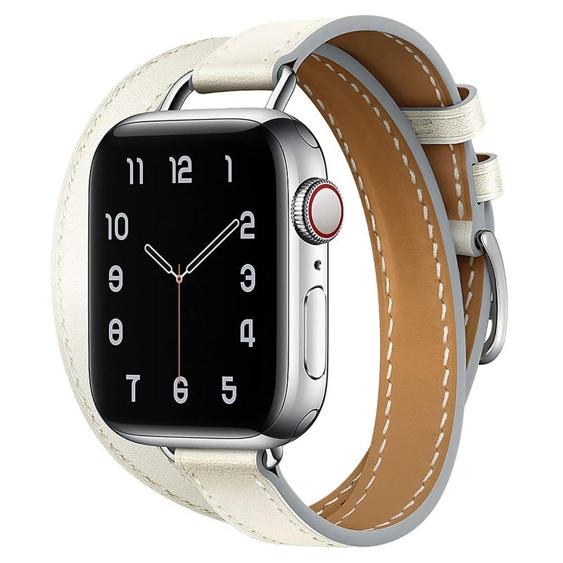 KASTWAVE Stylish White Leather Double Tour Wristband for Women – Compatible with Apple Watch SE/7/6/5/4/3, Fits 38/40/41mm & 42/44/45mm - Image 2