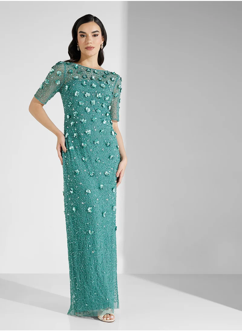 Adrianna Papell Long Hand Beaded 3D Floral Dress