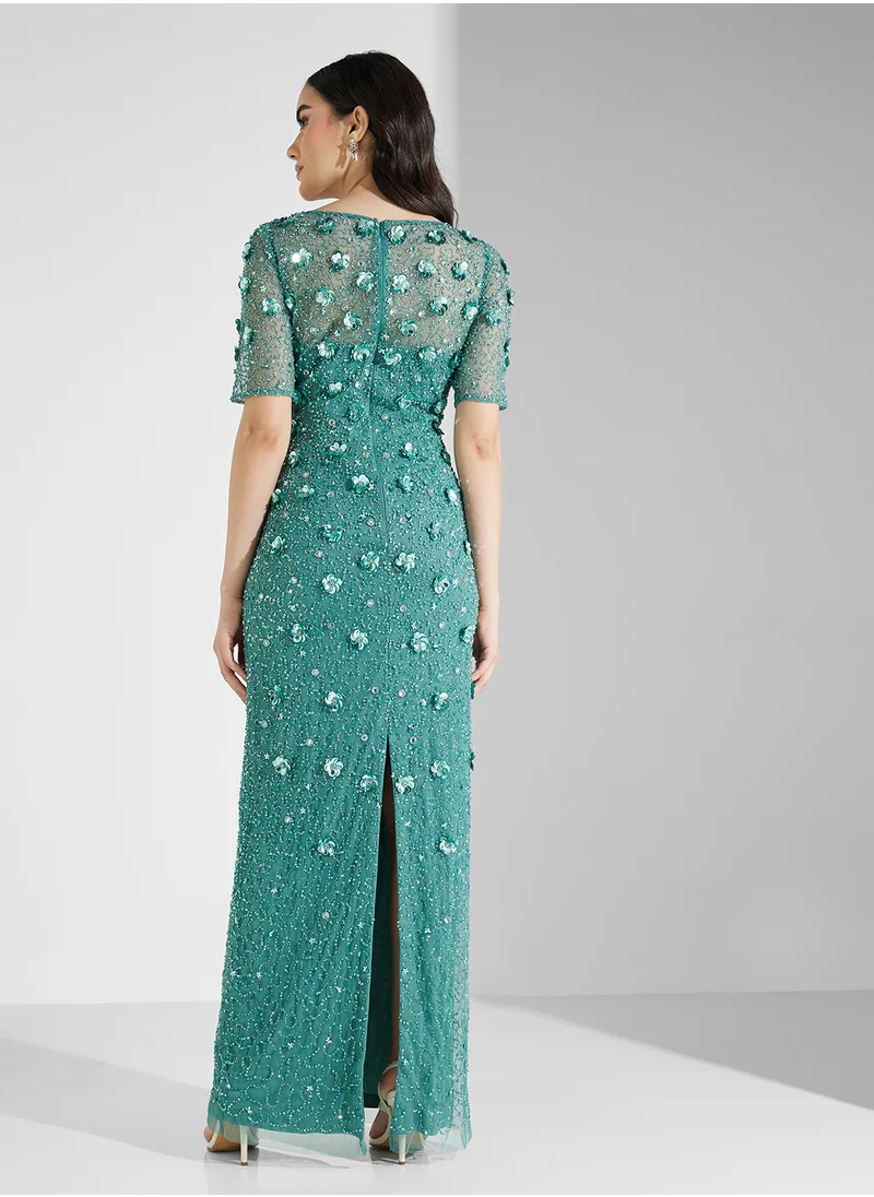 ادريانا بابيل Long Hand Beaded 3D Floral Dress