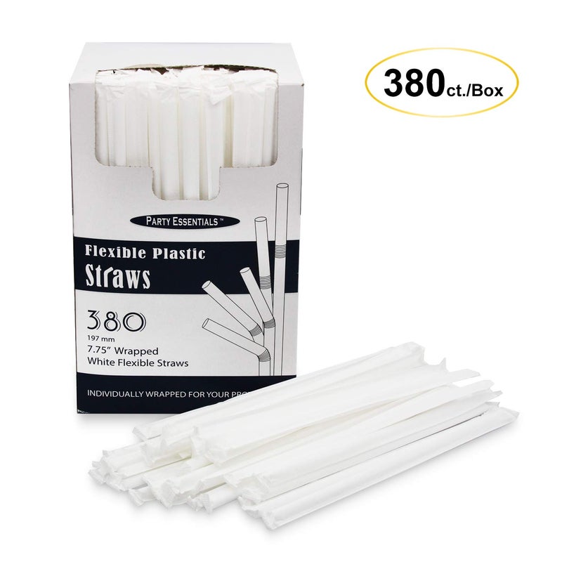 Party Essentials Disposable Plastic Drinking Straws  7.75"" Flexible/380 Count  Individually Wrapped White - Image 2
