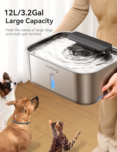 FEELNEEDY 3.2Gal/12L Dog Water Fountain for Large Dogs, Stainless Steel Dog Water Bowl Dispenser with Deeper & Wider Drinking Area, FEELNEEDY Automatic Pet Fountain with Window & LED Light - Image 2