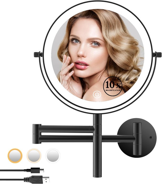 8" WALL MOUNTED MAKEUP MIRROR WITH HANDLE, 3 COLOR LIGHTS DIMMABLE AND 1X/10X MAGNIFICATION, RECHARGEABLE BATHROOM WALL MOUNT MAGNIFYING MIRROR WITH EXTENSION ARM HEIGHT ADJUSTABLE BLACK