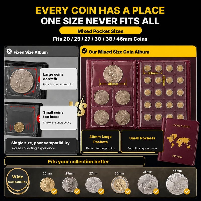 ANKHOH Coin Collection Book Album (300 Pockets) - Large Capacity Coin Holder Display Case with Sleeves for Collectors, Fits Pennies, Silver Eagle, Quarters & Foreign Currency (Wine red) - Image 3