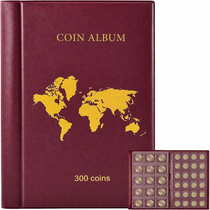 ANKHOH Coin Collection Book Album (300 Pockets) - Large Capacity Coin Holder Display Case with Sleeves for Collectors, Fits Pennies, Silver Eagle, Quarters & Foreign Currency (Wine red) - Image 1