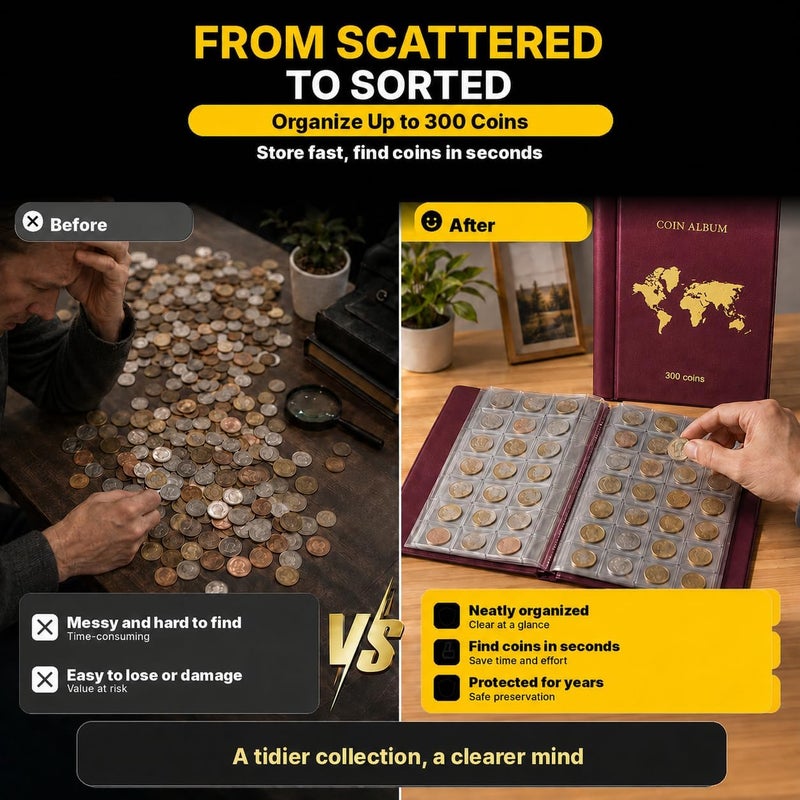ANKHOH Coin Collection Book Album (300 Pockets) - Large Capacity Coin Holder Display Case with Sleeves for Collectors, Fits Pennies, Silver Eagle, Quarters & Foreign Currency (Wine red) - Image 2