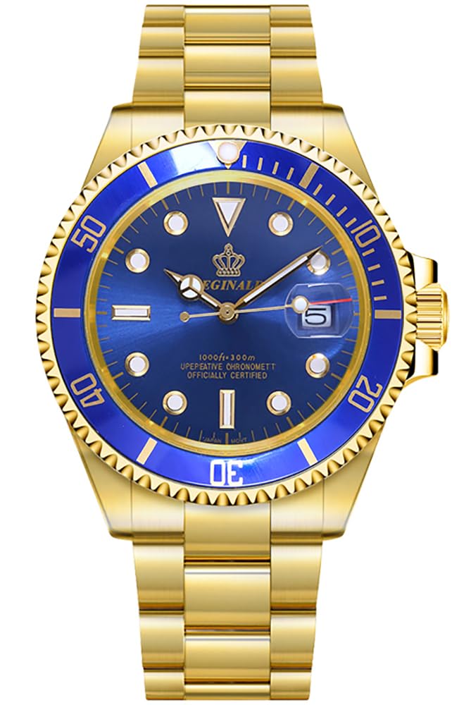 Reginald Men's Watch Luminous Quartz Rotatable Bezel Gold Stainless Steel Band and Case Waterproof Sports Blue Military Outdoor Watch - Image 4