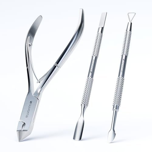 Suvorna Cuticle Nippers with Cuticle Pusher Nail Scraper and Gel Remover Professional Stainless Steel Cuticle Trimmer Set for Manicure Cuticle Set for Fingernails and Dead Skin Silver 3 PCS