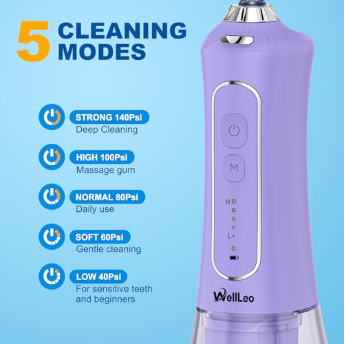 WELLLEO جهاز تنظيف الأسنان بالماء WellLeo، 300 مل، جهاز تنظيف فم لاسلكي قابل لإعادة الشحن مع 5 أوضاع و5 رؤوس نفاثة، منظف أسنان مقاوم للماء IPX7 للعناية بالأسنان واللثة، للاستخدام المنزلي والسفر - Image 2