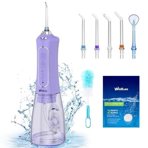 WELLLEO جهاز تنظيف الأسنان بالماء WellLeo، 300 مل، جهاز تنظيف فم لاسلكي قابل لإعادة الشحن مع 5 أوضاع و5 رؤوس نفاثة، منظف أسنان مقاوم للماء IPX7 للعناية بالأسنان واللثة، للاستخدام المنزلي والسفر - Image 1