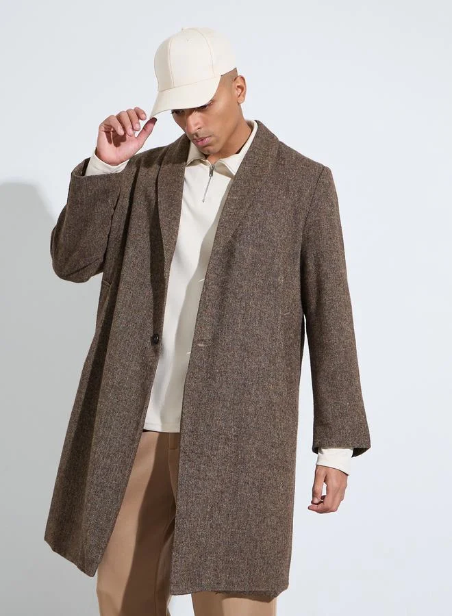 Men Brown Oversized Textured Buttoned Coat