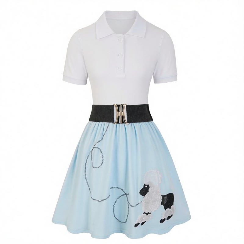 Retro Vintage Poodle Print Fit and Flare Dress