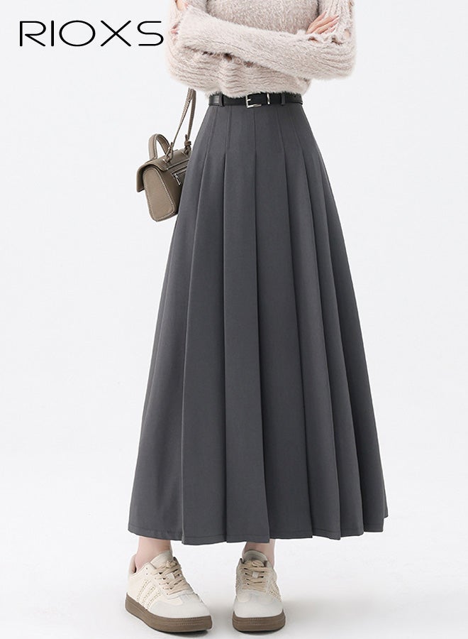 RIOXS Women's Pleated A-line Maxi Skirt, Fall High Waisted Ankle Length Pleated Tennis Skirts with Belt, Casual Long Suit Skirt for Office Business Dating, Grey - Image 1