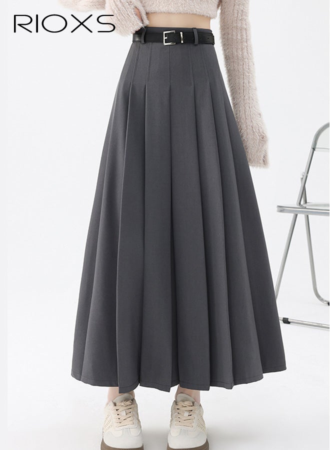 RIOXS Women's Pleated A-line Maxi Skirt, Fall High Waisted Ankle Length Pleated Tennis Skirts with Belt, Casual Long Suit Skirt for Office Business Dating, Grey - Image 2