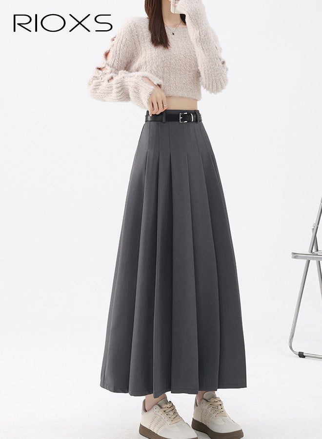 RIOXS Women's Pleated A-line Maxi Skirt, Fall High Waisted Ankle Length Pleated Tennis Skirts with Belt, Casual Long Suit Skirt for Office Business Dating, Grey - Image 5