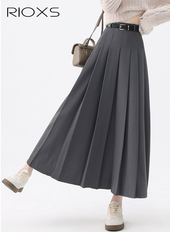 RIOXS Women's Pleated A-line Maxi Skirt, Fall High Waisted Ankle Length Pleated Tennis Skirts with Belt, Casual Long Suit Skirt for Office Business Dating, Grey - Image 4