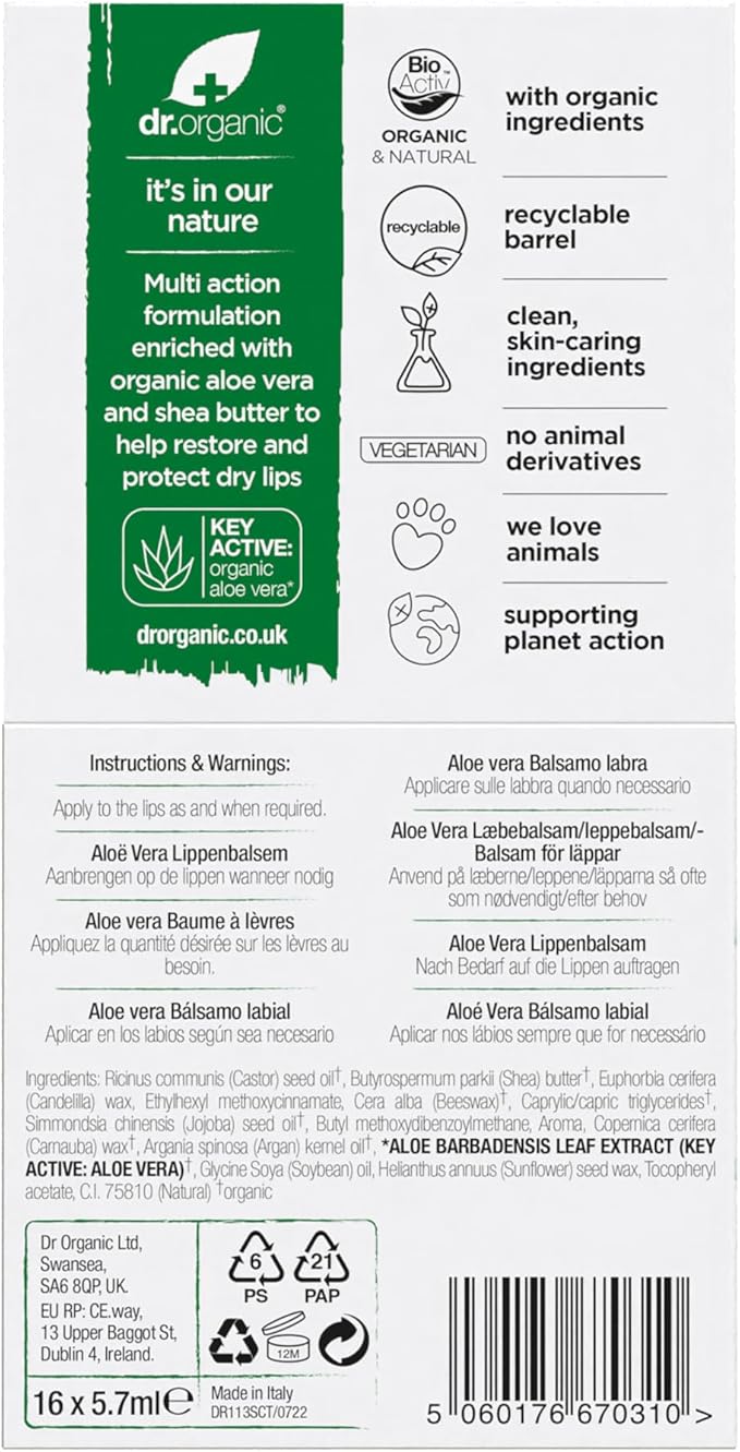 dr.organic Dr Organic Aloe Vera Lip Balm Moisturising SPF 15 Mens Womens Natural Vegetarian CrueltyFree Paraben SLSFree Recycled Recyclable Organic 57ml Packaging May Vary - Image 3