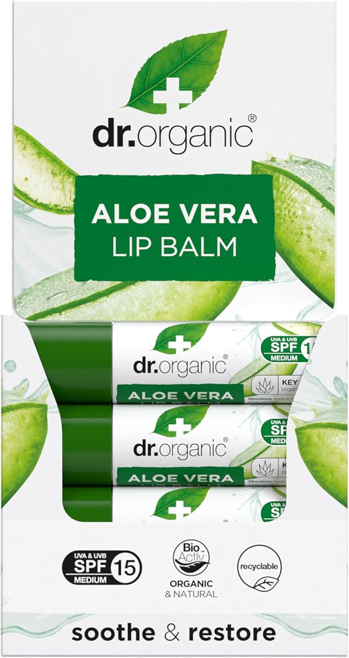 dr.organic Dr Organic Aloe Vera Lip Balm Moisturising SPF 15 Mens Womens Natural Vegetarian CrueltyFree Paraben SLSFree Recycled Recyclable Organic 57ml Packaging May Vary - Image 2