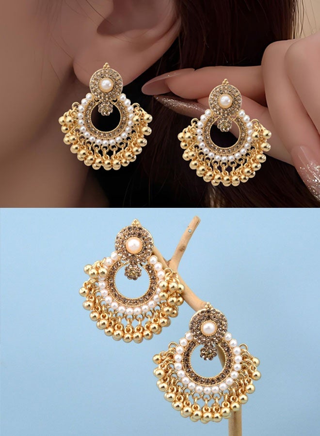 Jhumka Earrings for Ladies - Gold Plated Indian Ethnic Pearl Earrings, Light Weight Traditional Fancy Jewelry for Weddings & Festive Occasions - Image 1