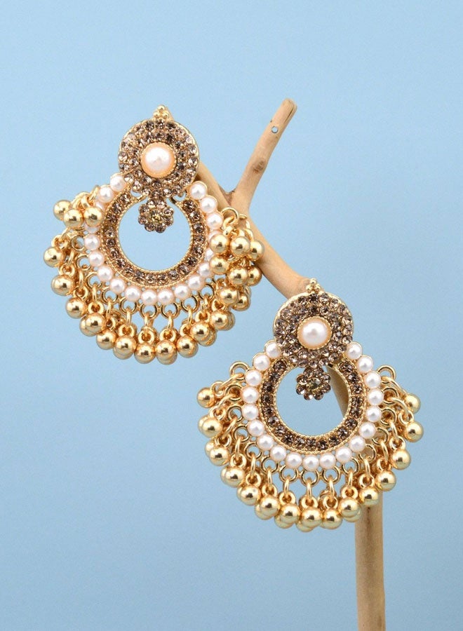 Jhumka Earrings for Ladies - Gold Plated Indian Ethnic Pearl Earrings, Light Weight Traditional Fancy Jewelry for Weddings & Festive Occasions - Image 3