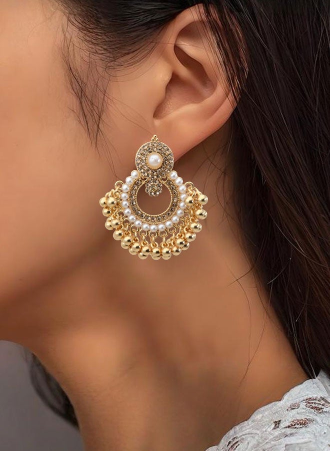Jhumka Earrings for Ladies - Gold Plated Indian Ethnic Pearl Earrings, Light Weight Traditional Fancy Jewelry for Weddings & Festive Occasions - Image 2