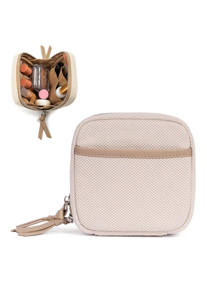 عام حقيبة صغيرة للمكياج للحقيبة، حقيبة مكياج للسفر للنساء مع أقسام منفصلة، حقيبة مكياج مفتوحة بعرض كامل بسحاب سلس، حقيبة مكياج من القماش مربعة الشكل أنيقة مع جيوب قابلة للانزلاق. - Image 1