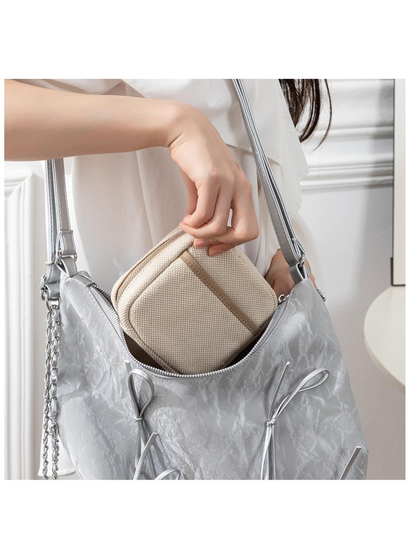 عام حقيبة صغيرة للمكياج للحقيبة، حقيبة مكياج للسفر للنساء مع أقسام منفصلة، حقيبة مكياج مفتوحة بعرض كامل بسحاب سلس، حقيبة مكياج من القماش مربعة الشكل أنيقة مع جيوب قابلة للانزلاق. - Image 2