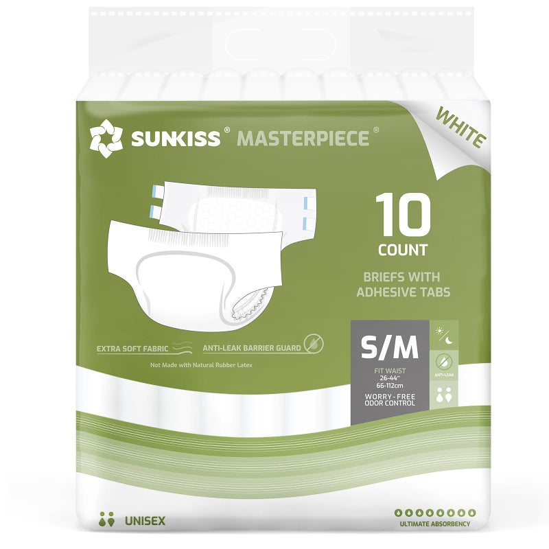 SUNKISS Masterpiece Adult Diapers with Tabs, Unisex Disposable Incontinence Briefs for Women and Men, Odor Control, White, Small/Medium, Previously Medium, 10 Count - Image 1