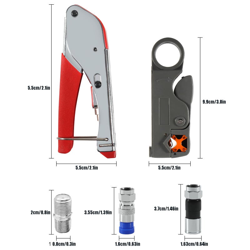 AEDIKO Coaxial Compression Tool Kit Coax Cable Crimper Wire Stripper with F RG6 RG59 Connectors - Image 2