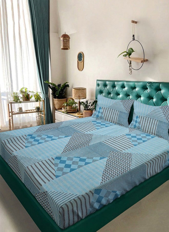 Arrabi Blue Geometric Cotton 350 TC King Superfine Bedsheet with 2 Pillow Covers - Image 1