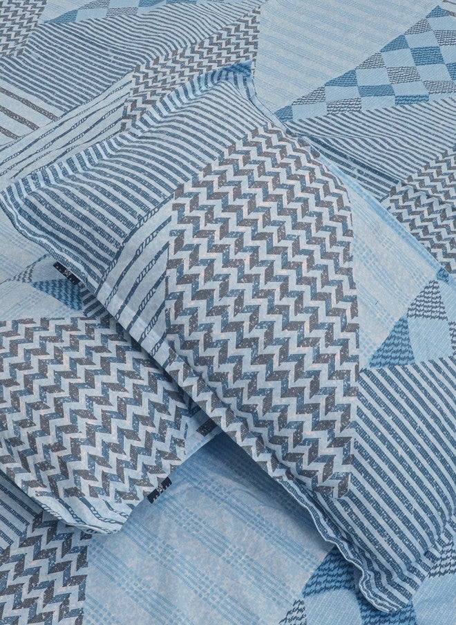 Arrabi Blue Geometric Cotton 350 TC King Superfine Bedsheet with 2 Pillow Covers - Image 5