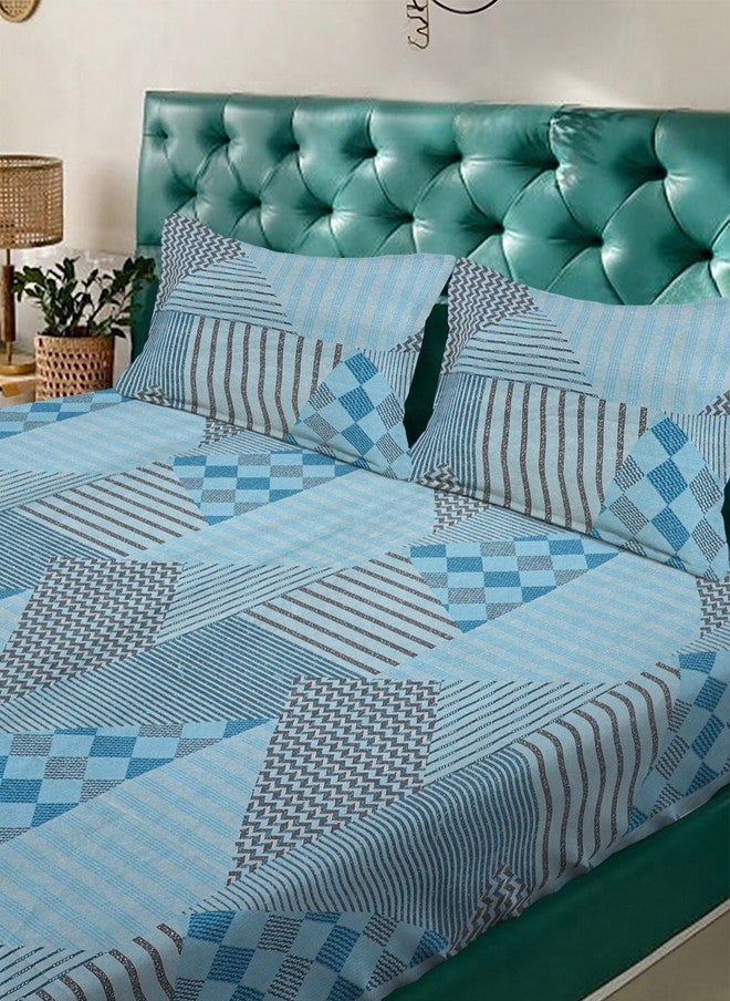 Arrabi Blue Geometric Cotton 350 TC King Superfine Bedsheet with 2 Pillow Covers - Image 3