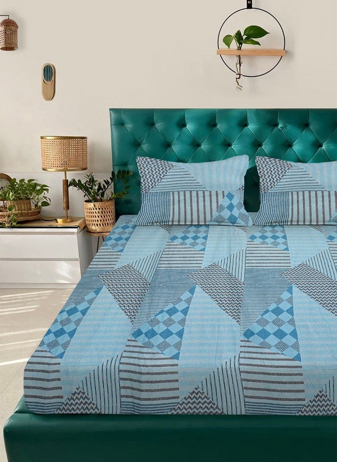 Arrabi Blue Geometric Cotton 350 TC King Superfine Bedsheet with 2 Pillow Covers - Image 2