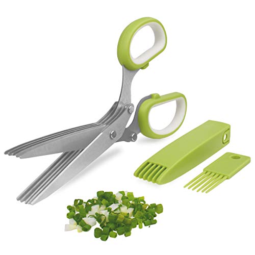 TTSAM 5-Blade Herb Cutter Scissors with Safety Cover, Cleaning Comb - Green - Image 1