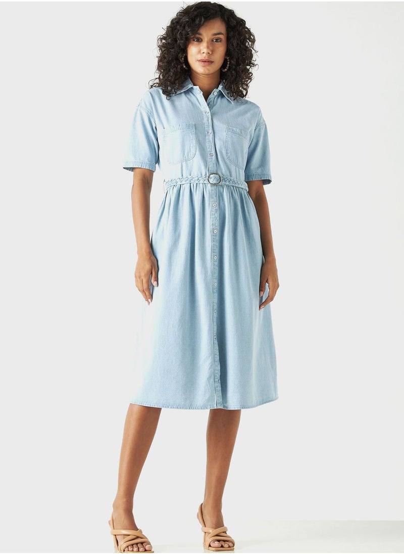 Splash - Belted Pocket Detail Denim Dress - Image 1