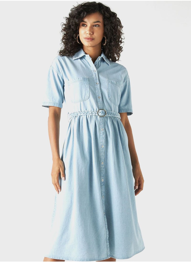 Splash - Belted Pocket Detail Denim Dress - Image 1
