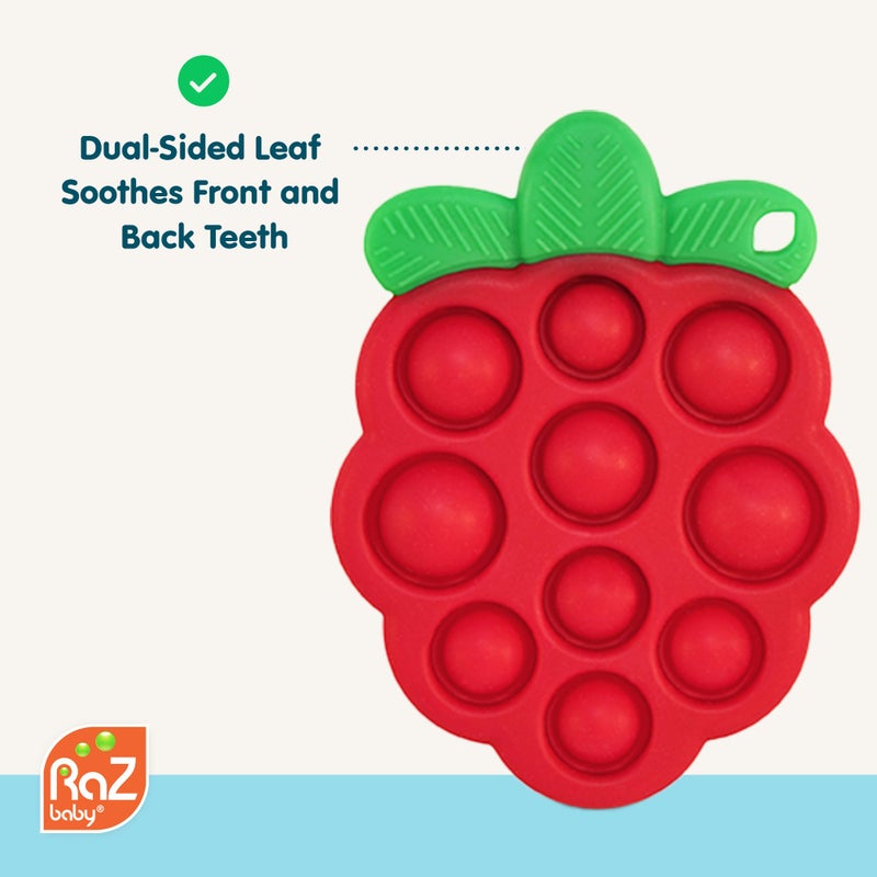 RaZbaby RaZberry Pop Strawberry Teether - Multi-Textured Silicone for Sensory Development & Teething Relief - Easy to Hold for Small Hands - Soft BPA-Free Design for Babies 3 Months+, Red/Green - Image 4