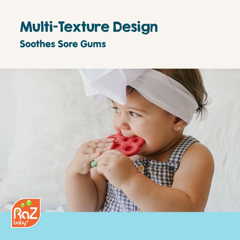 RaZbaby RaZberry Pop Strawberry Teether - Multi-Textured Silicone for Sensory Development & Teething Relief - Easy to Hold for Small Hands - Soft BPA-Free Design for Babies 3 Months+, Red/Green - Image 2