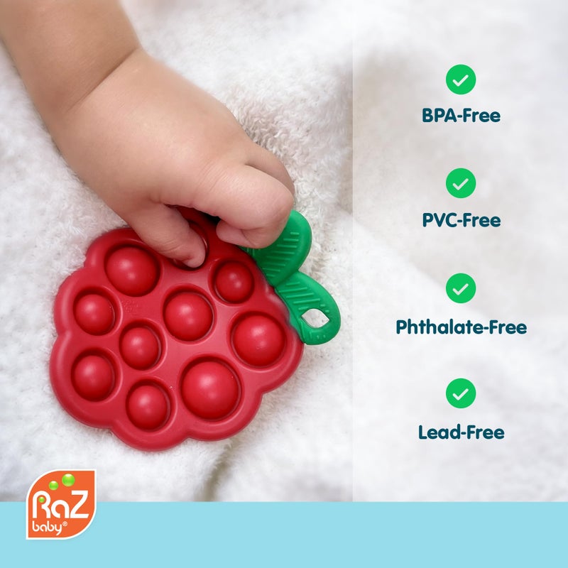 RaZbaby RaZberry Pop Strawberry Teether - Multi-Textured Silicone for Sensory Development & Teething Relief - Easy to Hold for Small Hands - Soft BPA-Free Design for Babies 3 Months+, Red/Green - Image 5
