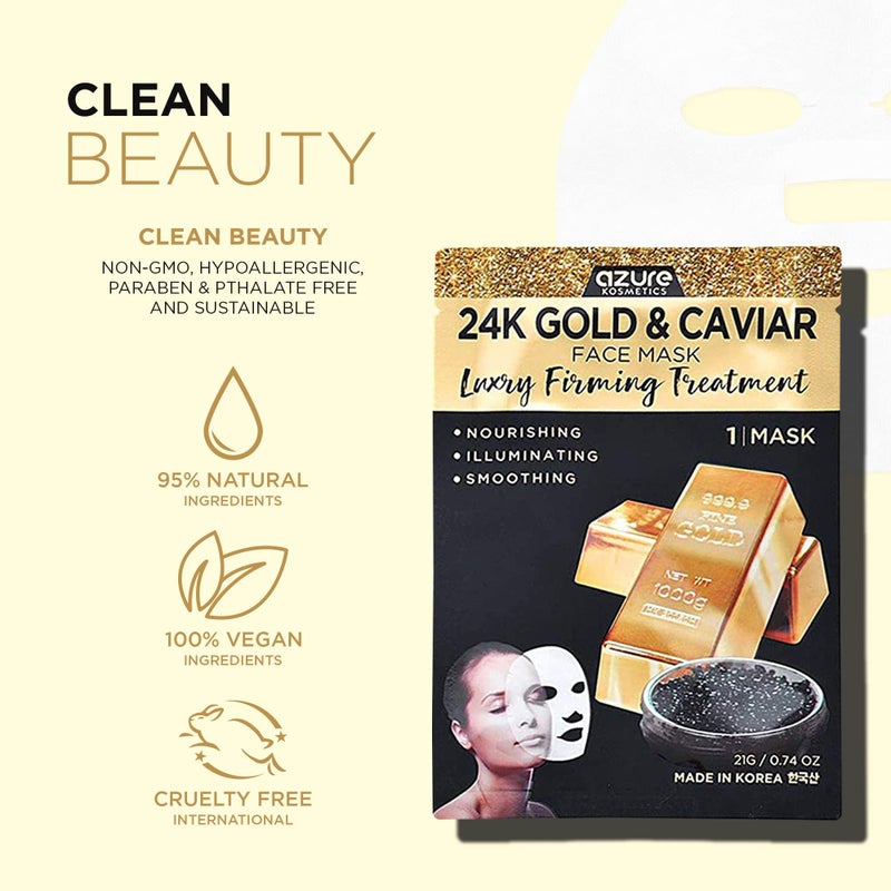 Azure Cosmetics 24K Gold and Caviar Anti Aging Luxury Face Mask - Hydrating & Firming Facial Mask - Helps Reduce Wrinkles & Fine Lines - With Hyaluronic Acid & Collagen - Made in Korea - Pack of 5 - Image 5