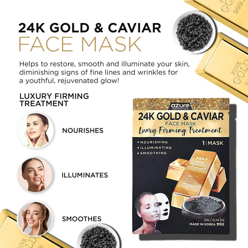 Azure Cosmetics 24K Gold and Caviar Anti Aging Luxury Face Mask - Hydrating & Firming Facial Mask - Helps Reduce Wrinkles & Fine Lines - With Hyaluronic Acid & Collagen - Made in Korea - Pack of 5 - Image 3