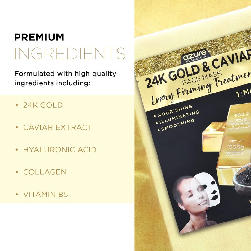Azure Cosmetics 24K Gold and Caviar Anti Aging Luxury Face Mask - Hydrating & Firming Facial Mask - Helps Reduce Wrinkles & Fine Lines - With Hyaluronic Acid & Collagen - Made in Korea - Pack of 5 - Image 2