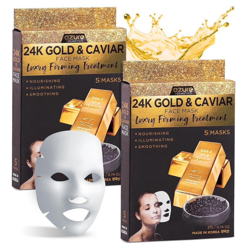 Azure Cosmetics 24K Gold and Caviar Anti Aging Luxury Face Mask - Hydrating & Firming Facial Mask - Helps Reduce Wrinkles & Fine Lines - With Hyaluronic Acid & Collagen - Made in Korea - Pack of 5 - Image 1