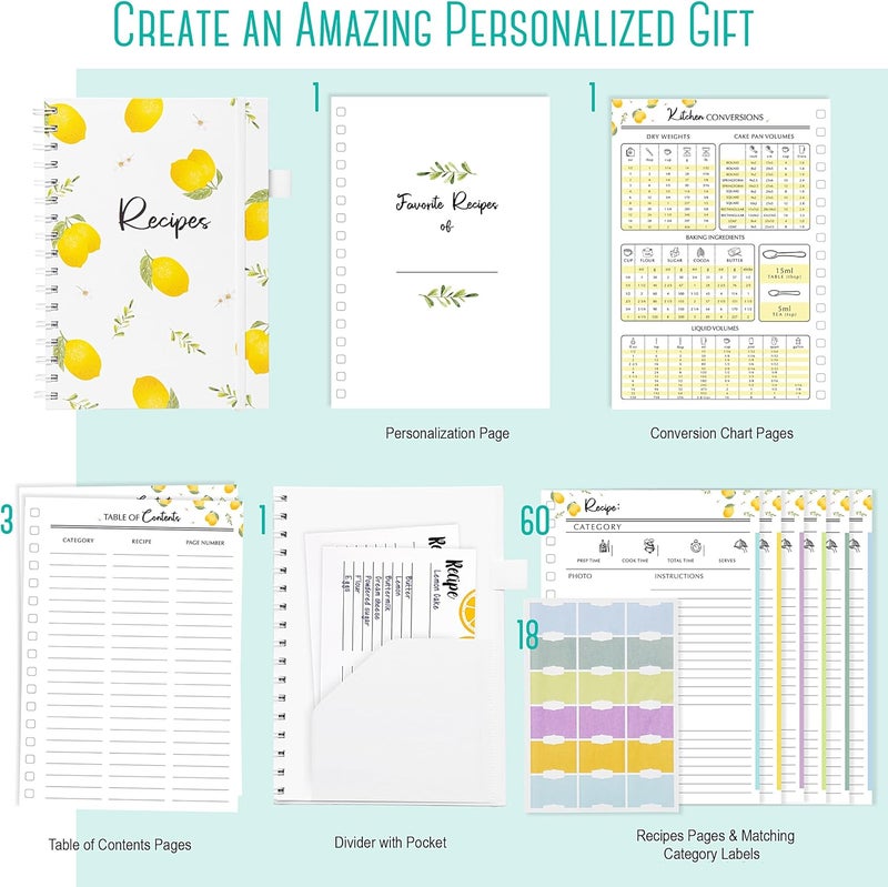 Outshine 6 x9 Lemons Hardcover Recipe Binder, Blank Recipe Binder to Write in Your Own Recipes, Recipe Binder, Recipe Book Blank, Recipe Notebook, Cookbook Binder, Recipe Journal for Recipe Holder - Image 5