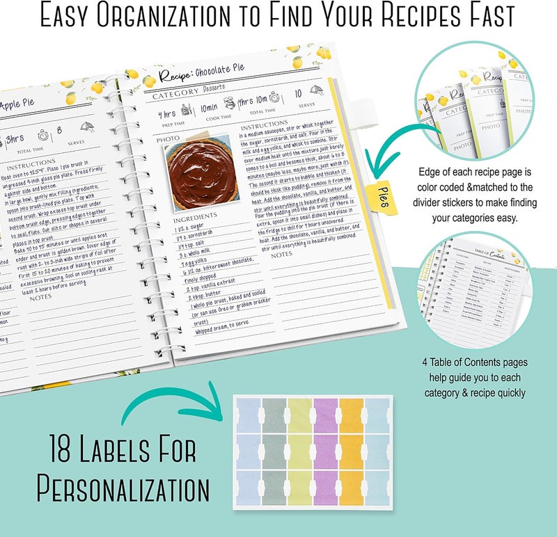 Outshine 6 x9 Lemons Hardcover Recipe Binder, Blank Recipe Binder to Write in Your Own Recipes, Recipe Binder, Recipe Book Blank, Recipe Notebook, Cookbook Binder, Recipe Journal for Recipe Holder - Image 3
