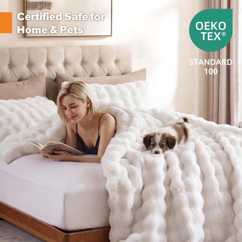 YIKUSH White Comforter Set Full â€“ Ultra Soft & Warm Faux Fur Comforter for Winter, Elegant Fluffy Cream Comforter with Pillowcases, Cozy White Full Bedding Set - Image 4