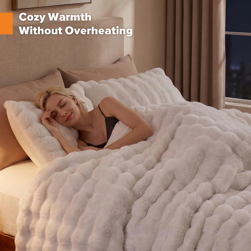 YIKUSH White Comforter Set Full â€“ Ultra Soft & Warm Faux Fur Comforter for Winter, Elegant Fluffy Cream Comforter with Pillowcases, Cozy White Full Bedding Set - Image 5
