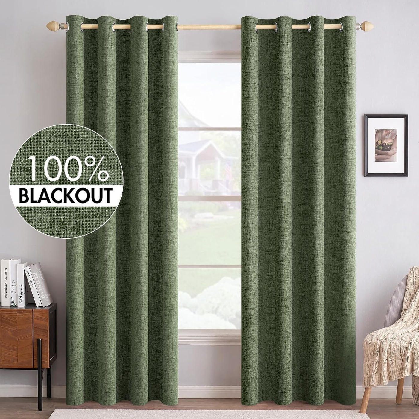 MIULEE 100% Blackout Linen Textured Curtains for Bedroom Solid Thermal Insulated Olive Green Grommet Room Darkening Curtains & Drapes Luxury Decor for Living Room Nursery 52 x 96 Inch (2 Panels)