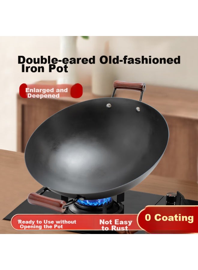 Jitiechui Ji Ti Hammer Iron Pot Zhangqiu, Wok Without Coating, Non-stick, Double-handled Round Bottom Wok, Gas Stove Cooking Pot, 40cm - Image 1