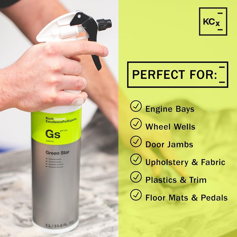 KOCHCHEMIE Green Star - منظف عالمي عالي التركيز؛ خالٍ من NTA والفوسفات والمذيبات، لتنظيف الداخلية والخارجية للسيارات، المحركات، الاستخدام التجاري، المنزلي والصناعي (1 لتر) - Image 2