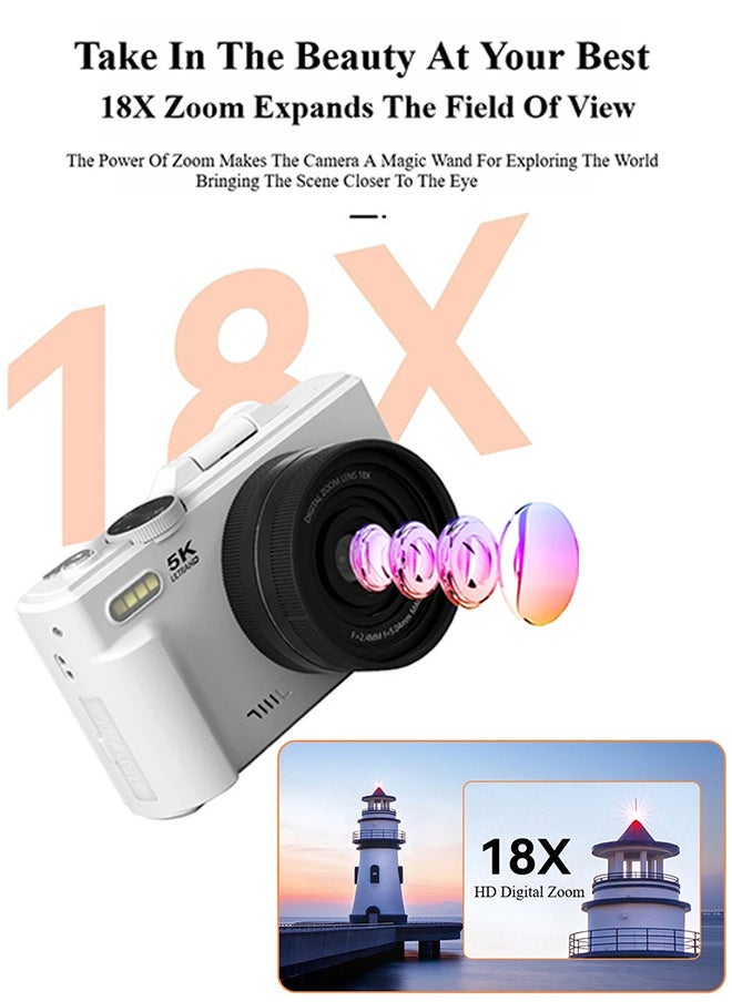 Generic - 5K Digital Camera for Photography and 18X Digital Zoom Camera 75MP Compact Vlogging You Tube Camera 3'' Flip Screen with Flash,with 128G Card,Card reader - Image 1